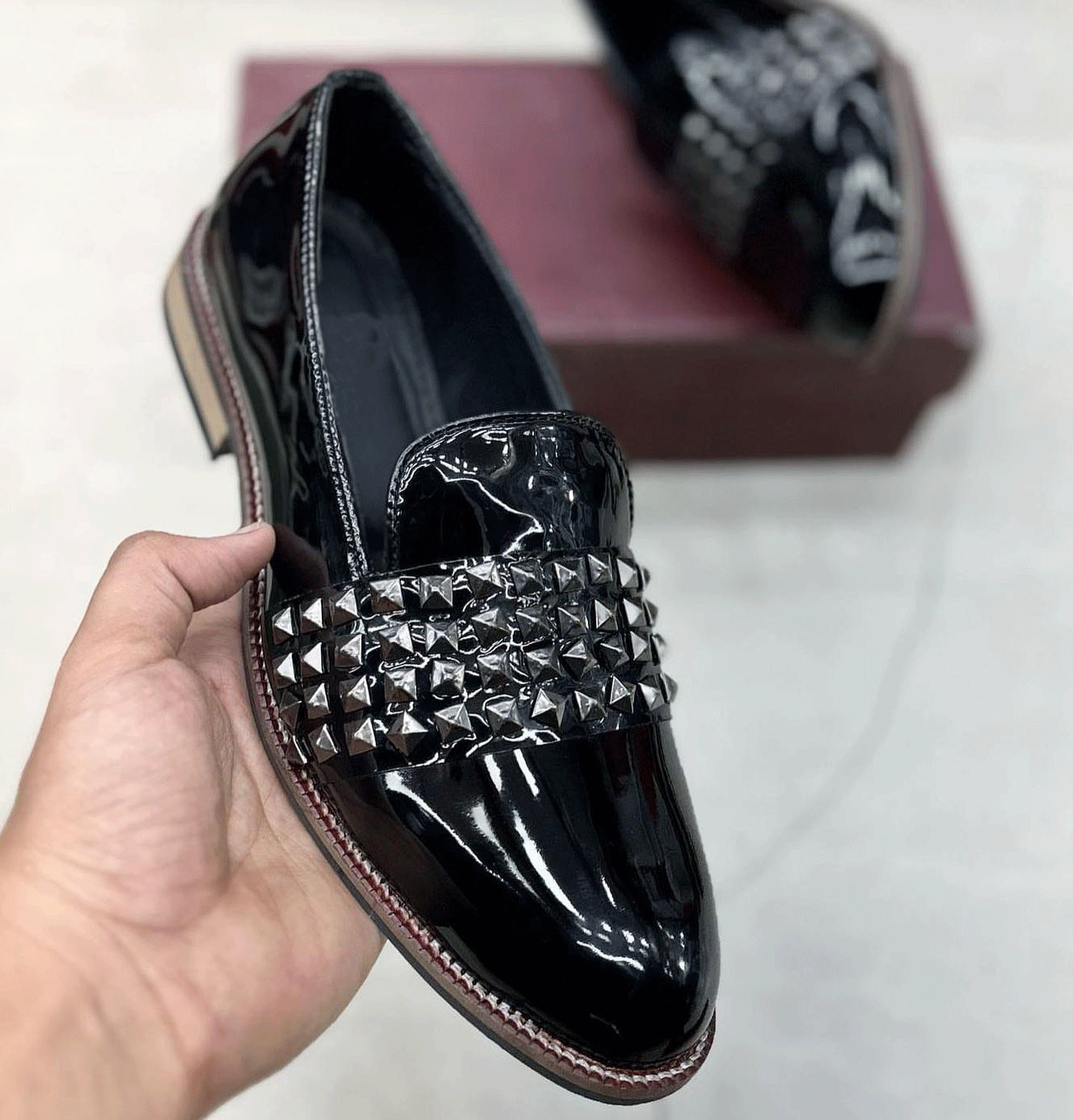 Spike Design Semi Casual Stud Detail Patent Loafers-JonasParamount