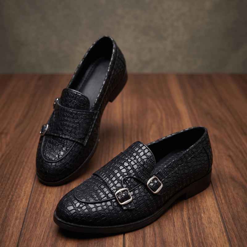 Luxury Textured Loafers for Men – Handmade Faux Leather Designer Shoes with Double Buckle