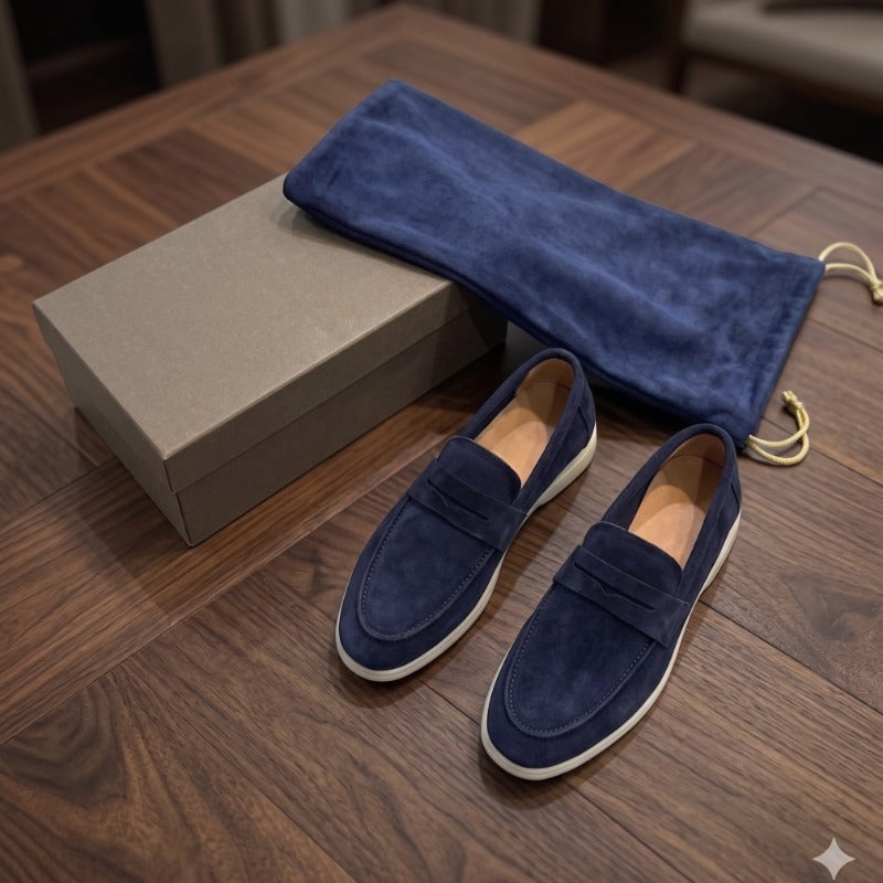 Men's Premium Suede Leather Penny Loafers – Slip-On Casual Sneakers with Handmade TPR Sole