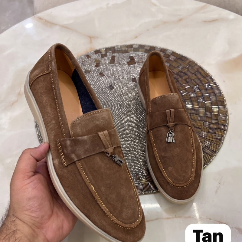 Premium Suede Leather Slip-On Loafers for Men – Luxury Casual Penny Loafers with Metal Charm Detail
