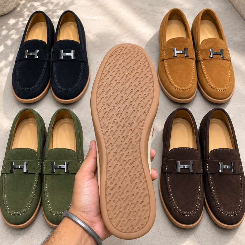 Premium Genuine Leather Slip-On Loafers for Men – H-Style Metal Detail, Handmade TPR Sole