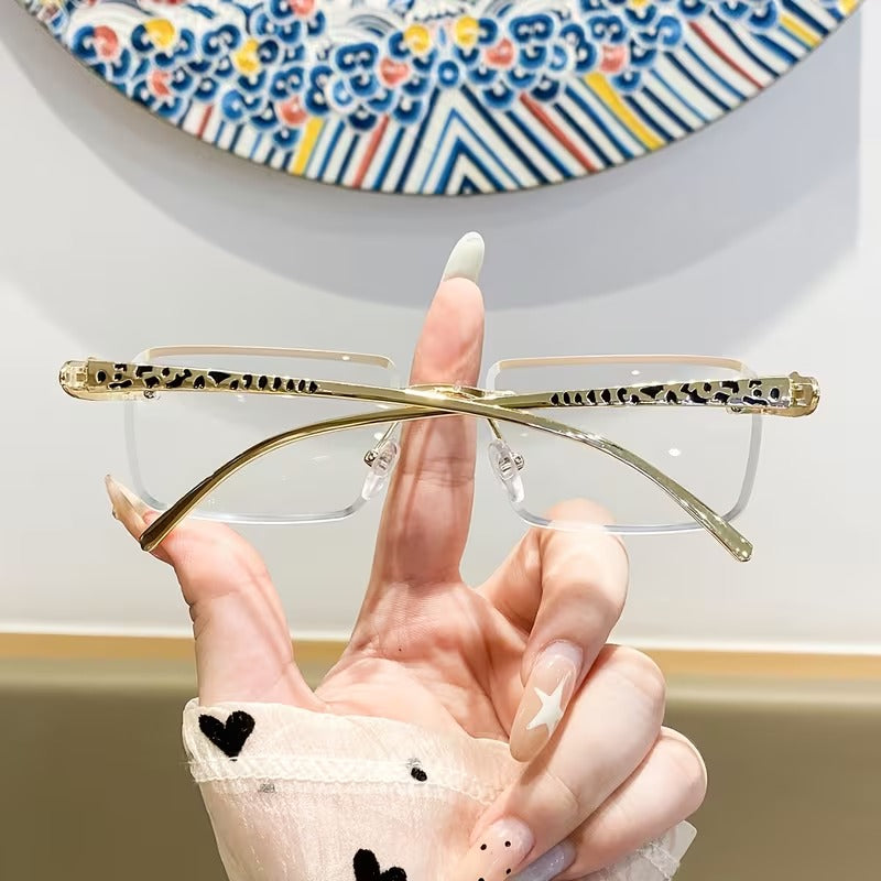 Luxury Rimless Clear Lens Glasses for Men and Women | Gold Leopard Print Eyewear