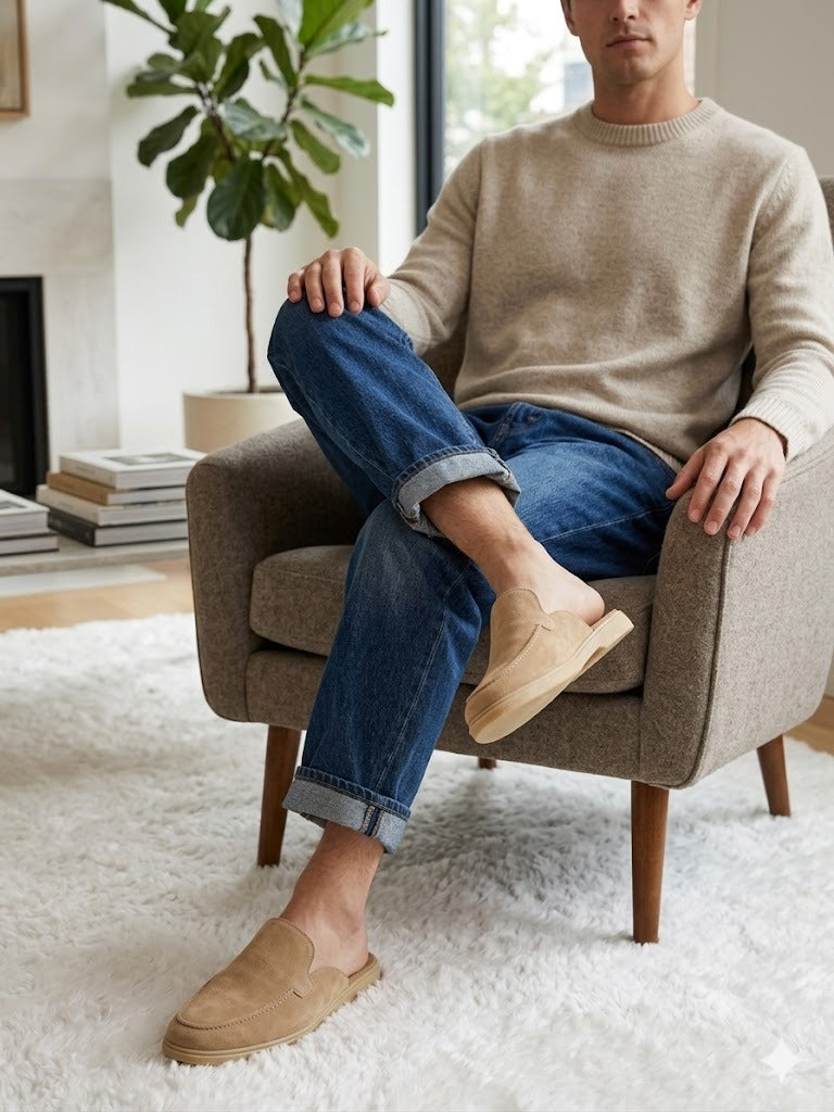 Men's Premium Leather Slip-On Mules – Genuine Suede Backless Loafers with Handmade TPR Sole