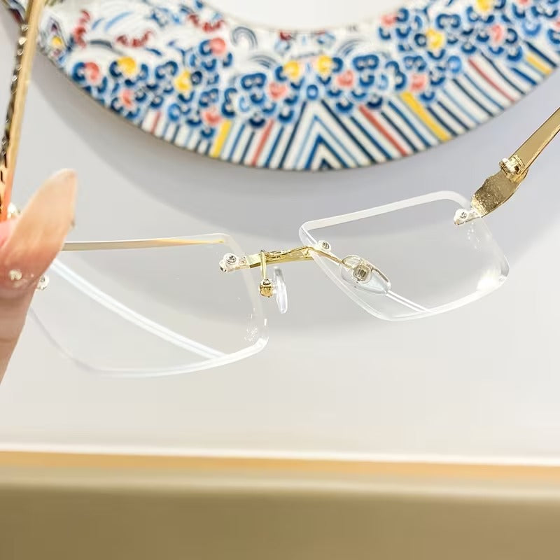 Luxury Rimless Clear Lens Glasses for Men and Women | Gold Leopard Print Eyewear