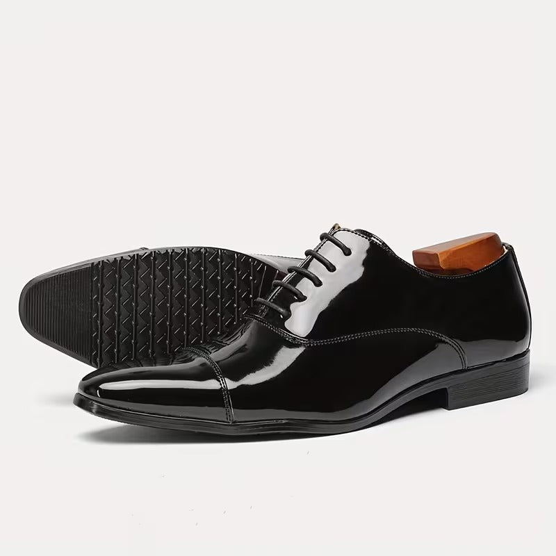 Men’s Premium Patent Leather Oxford Shoes – Sleek Cap-Toe Black Formal Lace-Up