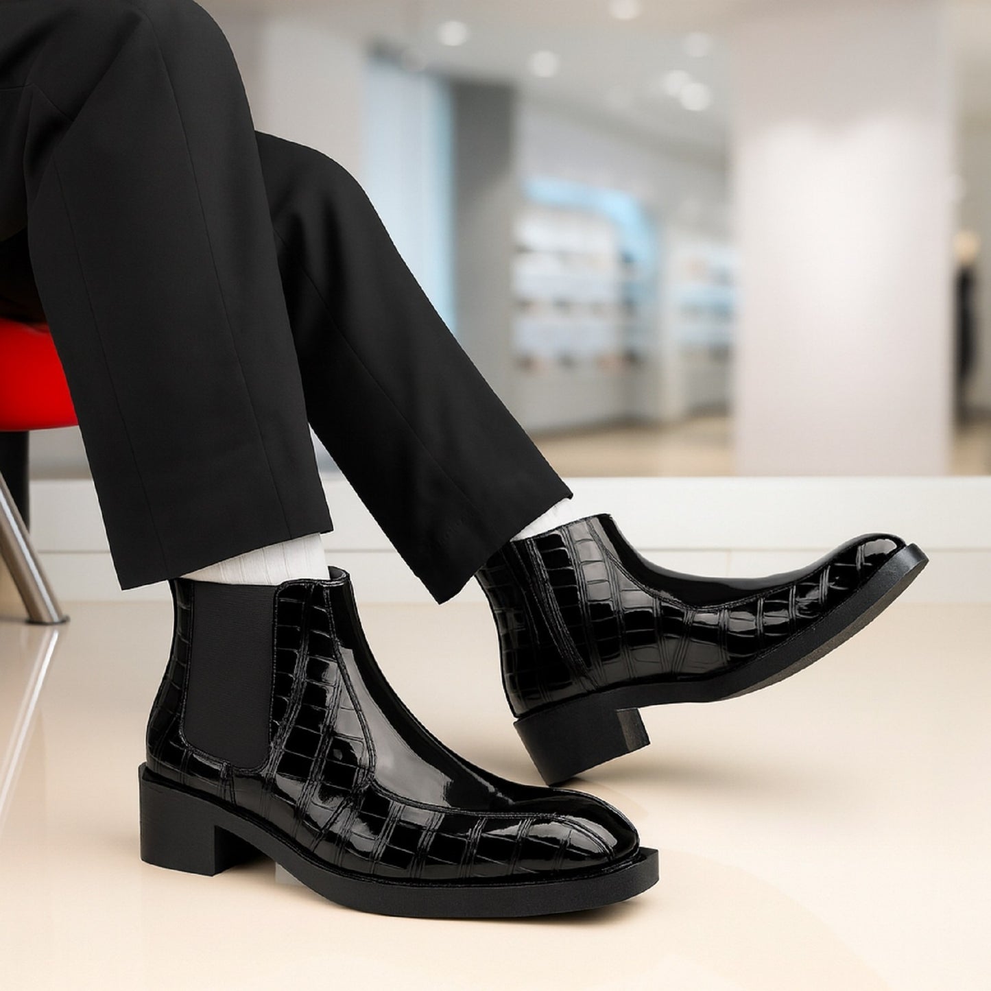 JonasParamount Black Semi-Formal Croc Texture Chelsea Boots