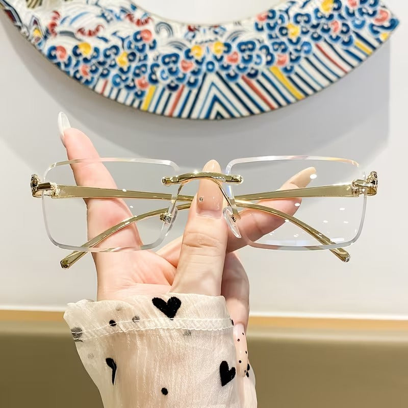 Luxury Rimless Clear Lens Glasses for Men and Women | Gold Leopard Print Eyewear