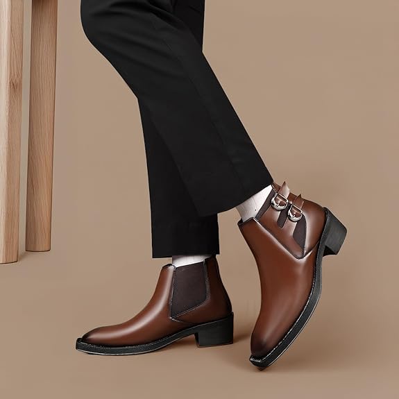 Men’s Buckle Strap Height Increasing Faux Leather Formal & Casual Slip-On Boots