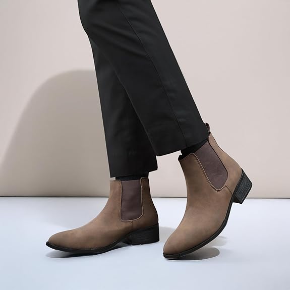 Men’s Pointed Toe 1.8 Inch Height Increasing Faux Leather Slip-On Casual & Formal Boots