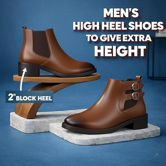 Men’s Buckle Strap Height Increasing Faux Leather Formal & Casual Slip-On Boots