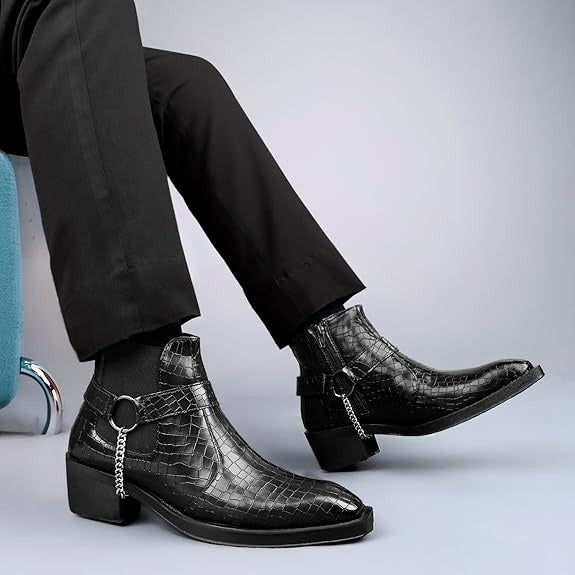 JonasParamount Men’s Crocodile Chelsea Boots with Silver Chain Detail
