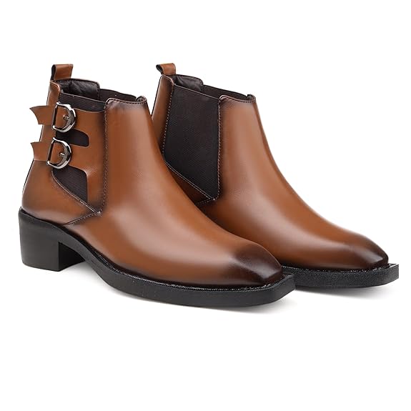Men’s Buckle Strap Height Increasing Faux Leather Formal & Casual Slip-On Boots