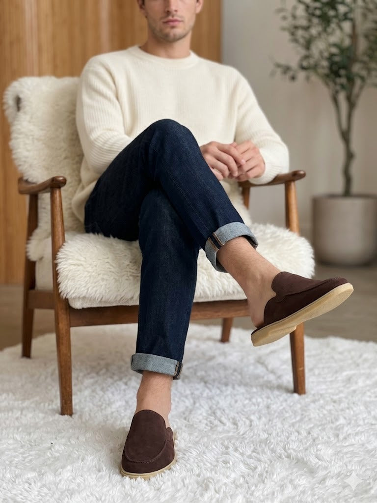 Men's Premium Leather Slip-On Mules – Genuine Suede Backless Loafers with Handmade TPR Sole