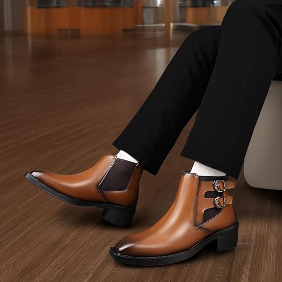 Men’s Buckle Strap Height Increasing Faux Leather Formal & Casual Slip-On Boots