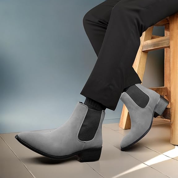 Men’s Pointed Toe 1.8 Inch Height Increasing Faux Leather Slip-On Casual & Formal Boots