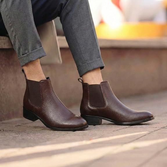 Brown Faux Leather Slip-On Casual & Formal Dress Boots with PU Sole Men’s Classic Chelsea Boots