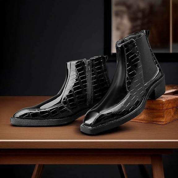 JonasParamount Black Semi-Formal Croc Texture Chelsea Boots