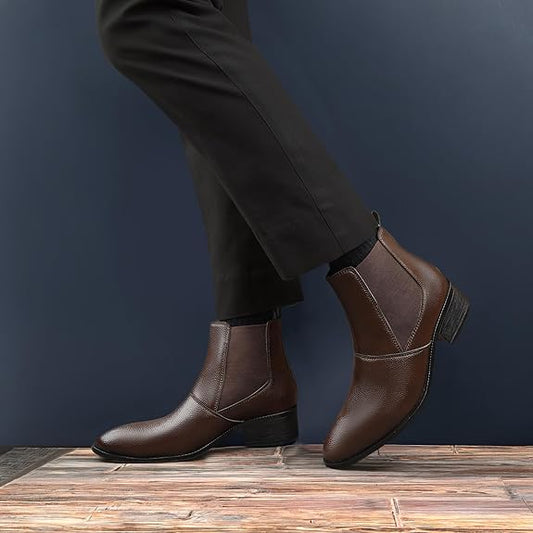 Men’s Height Increasing Brown Block Heel Faux Leather Slip-On Formal & Casual Boots