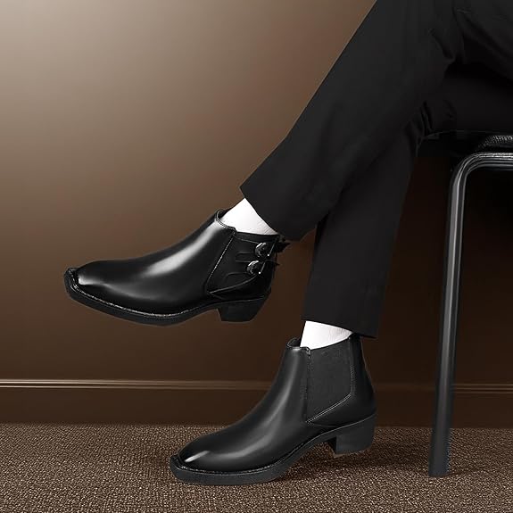 Men’s Buckle Strap Height Increasing Faux Leather Formal & Casual Slip-On Boots