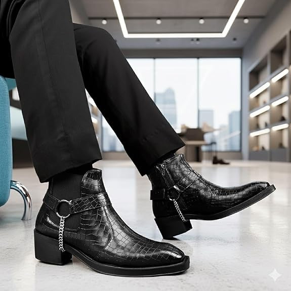 JonasParamount Men’s Crocodile Chelsea Boots with Silver Chain Detail