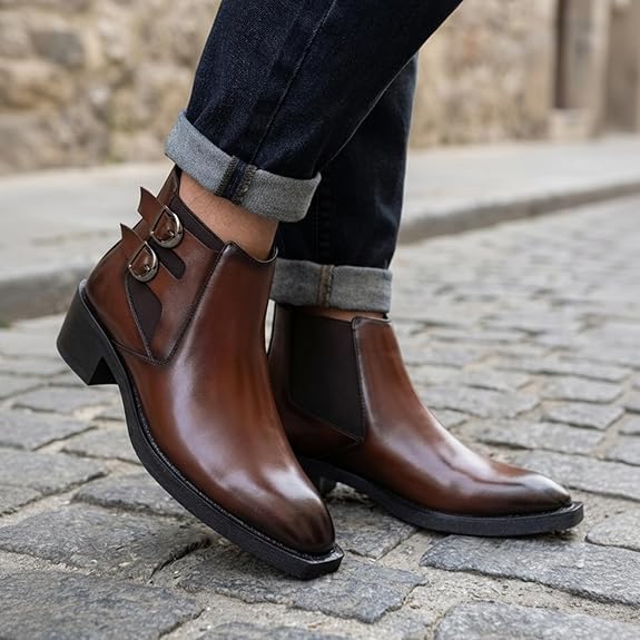 Men’s Buckle Strap Height Increasing Faux Leather Formal & Casual Slip-On Boots