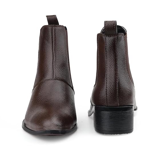 Men’s Height Increasing Brown Block Heel Faux Leather Slip-On Formal & Casual Boots