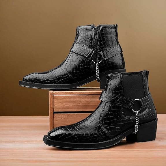 JonasParamount Men’s Crocodile Chelsea Boots with Silver Chain Detail