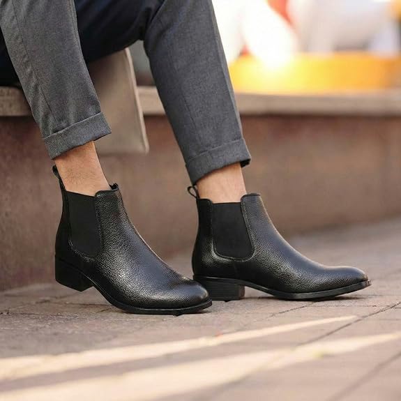 Black Faux Leather Slip-On Casual & Formal Dress Boots with PU Sole Men’s Classic Chelsea Boots