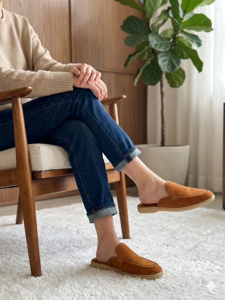 Men's Premium Leather Slip-On Mules – Genuine Suede Backless Loafers with Handmade TPR Sole