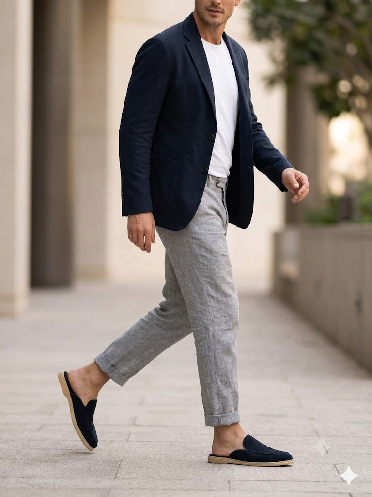 Men's Premium Leather Slip-On Mules – Genuine Suede Backless Loafers with Handmade TPR Sole
