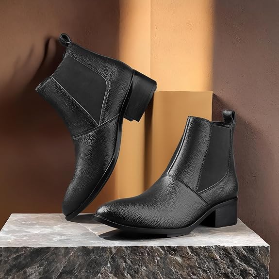 Men’s Height Increasing Black Block Heel Faux Leather Slip-On Formal & Casual Boots