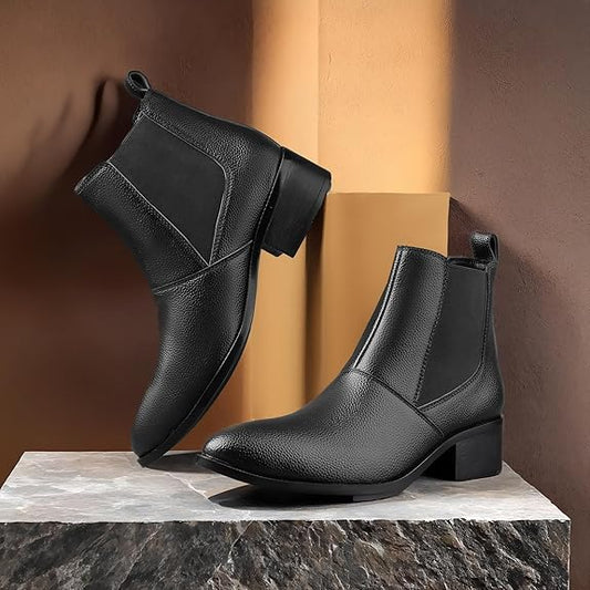 Men’s Height Increasing Black Block Heel Faux Leather Slip-On Formal & Casual Boots