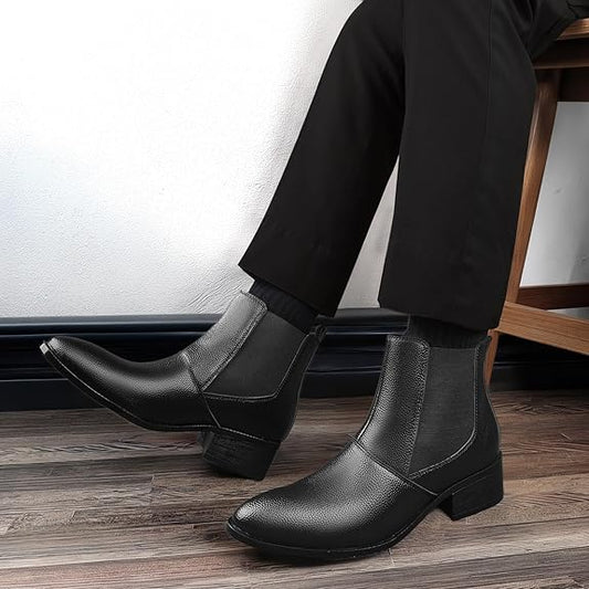 Men’s Height Increasing Black Block Heel Faux Leather Slip-On Formal & Casual Boots