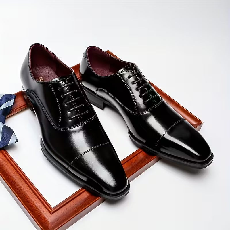 Men’s Premium Patent Leather Oxford Shoes – Sleek Cap-Toe Black Formal Lace-Up