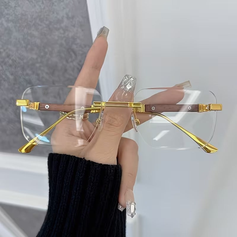 Premium Gold Metal Frame with Wooden Temples Square Eyeglasses for Men & Women