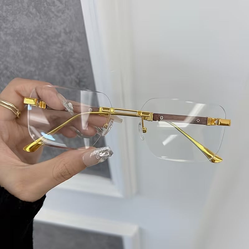 Premium Gold Metal Frame with Wooden Temples Square Eyeglasses for Men & Women