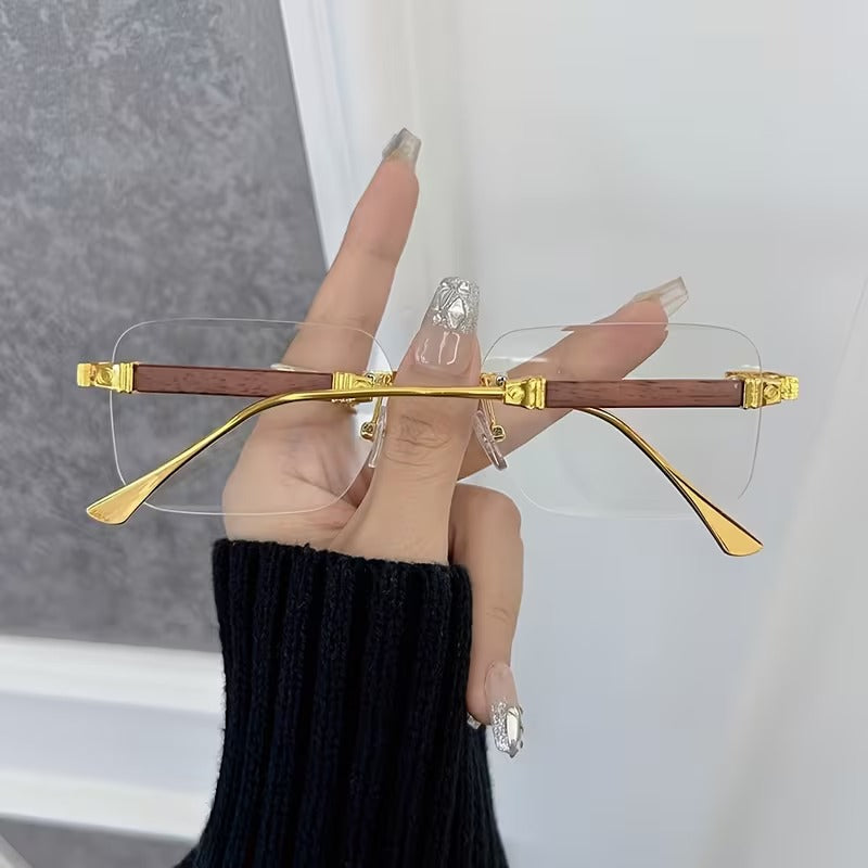 Premium Gold Metal Frame with Wooden Temples Square Eyeglasses for Men & Women