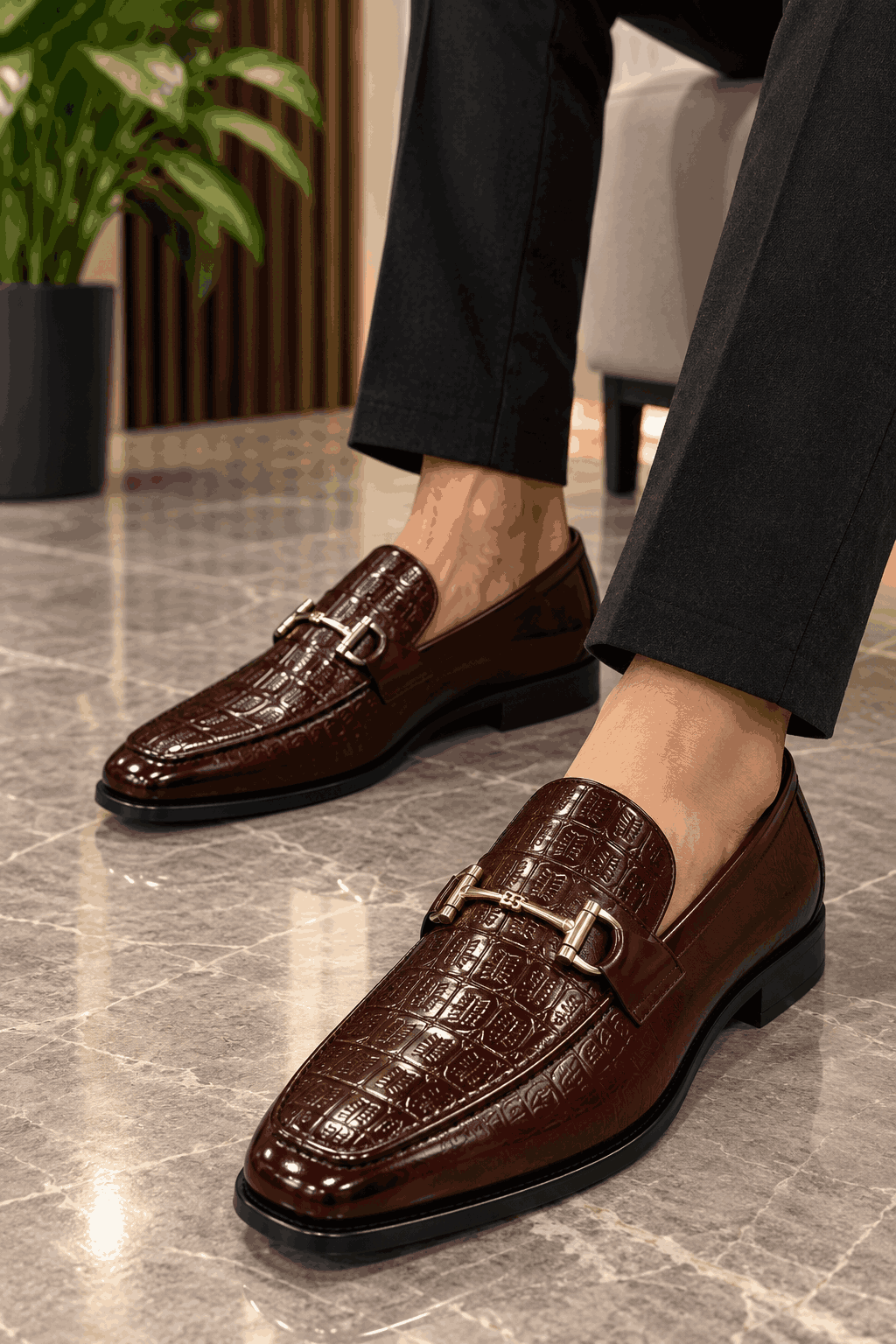 Men's Premium Crocodile Texture Moccasins | Metal Bit Loafers with Handmade TPR Sole