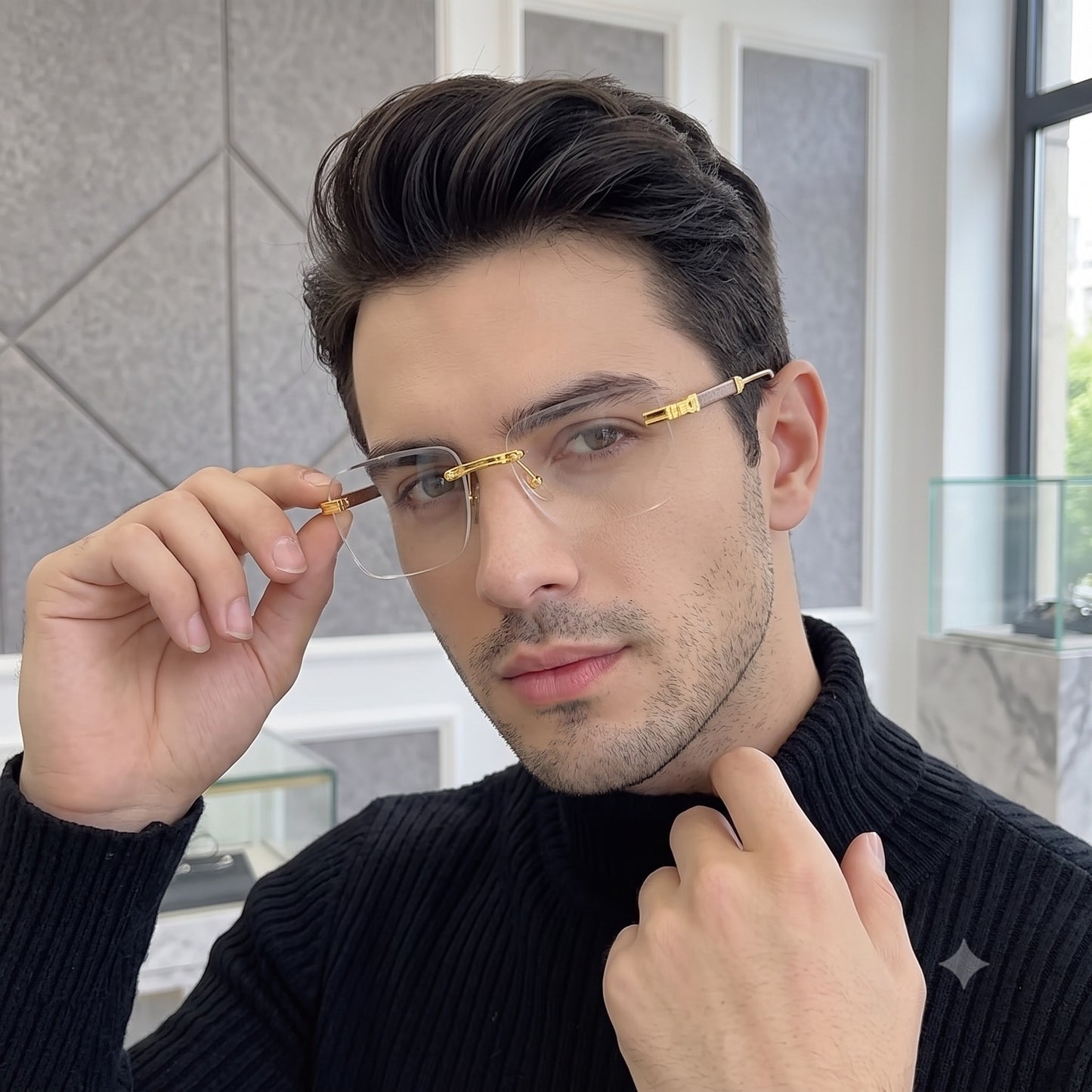Premium Gold Metal Frame with Wooden Temples Square Eyeglasses for Men & Women