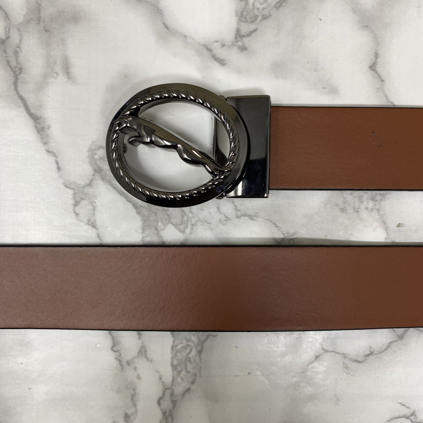 Round Jaguar Metal Buckle With Leather Strap Belt-JonasParamount