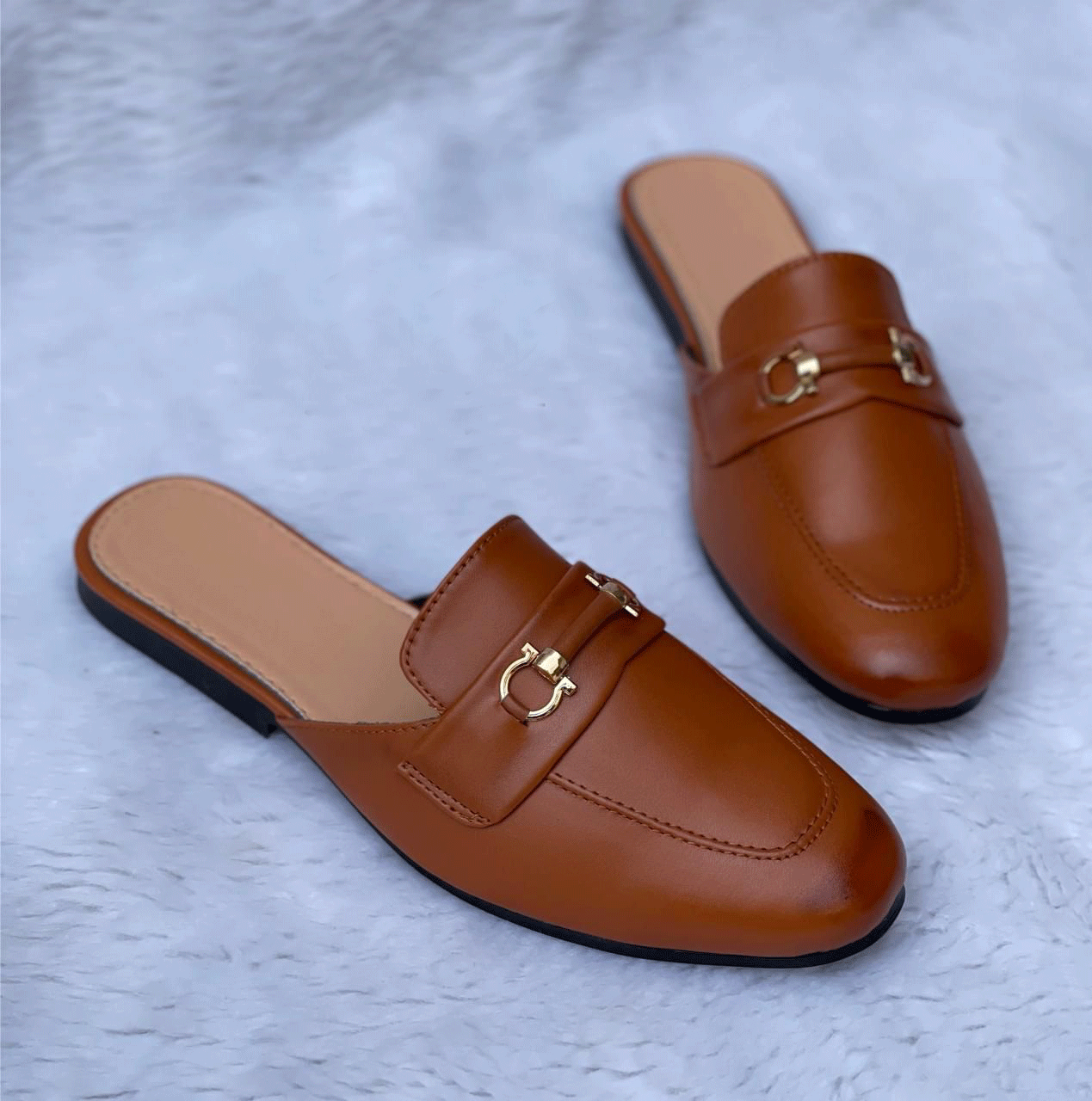 Men's Backless Slip On Mule Gold Buckle Loafers Shoes-JonasParamount