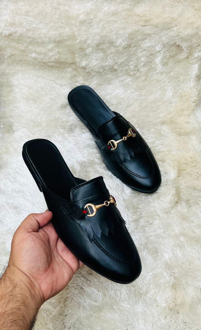 Formal Design Backless Slip On Mule Gold Buckle Loafers Shoes-JonasParamount