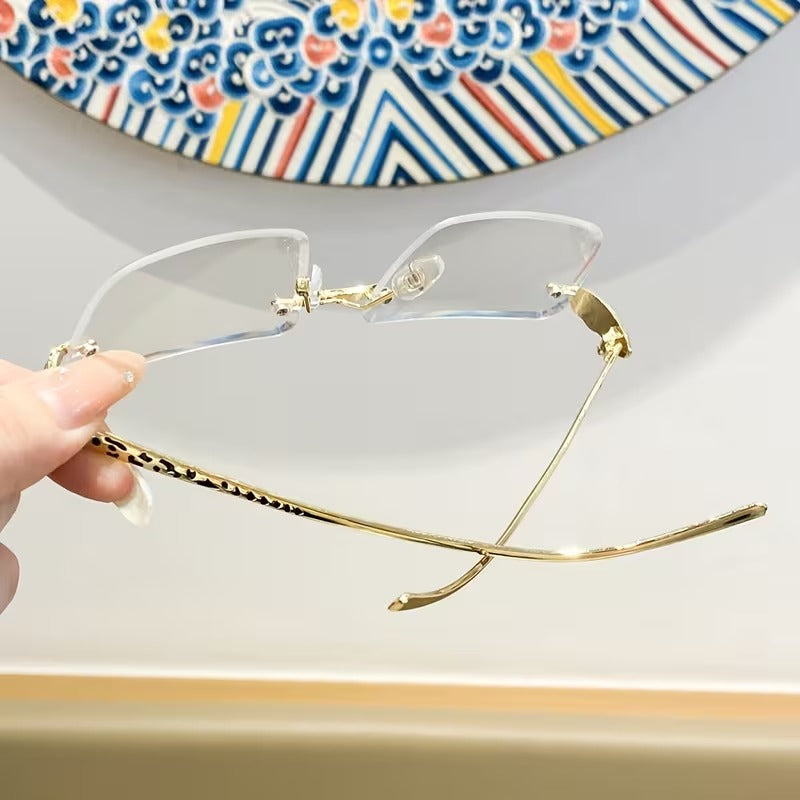 Luxury Rimless Clear Lens Glasses for Men and Women | Gold Leopard Print Eyewear