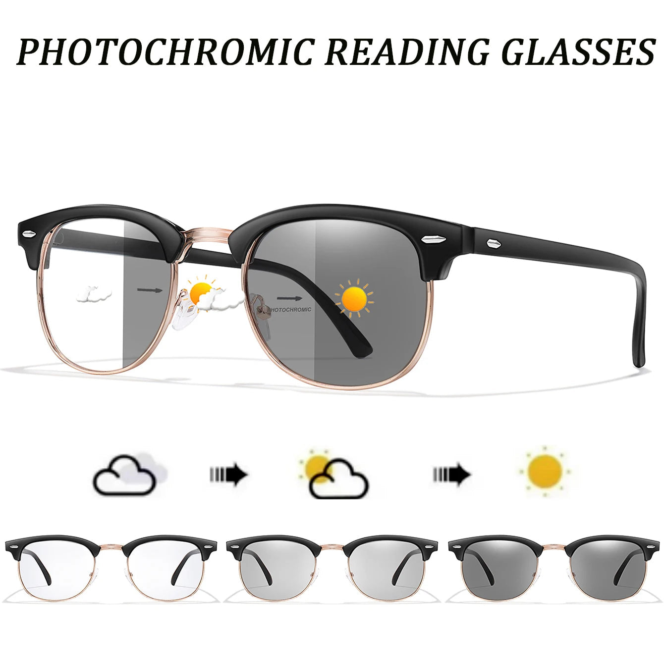 Photochromic Half Frame Reading Glasses for Men & Women