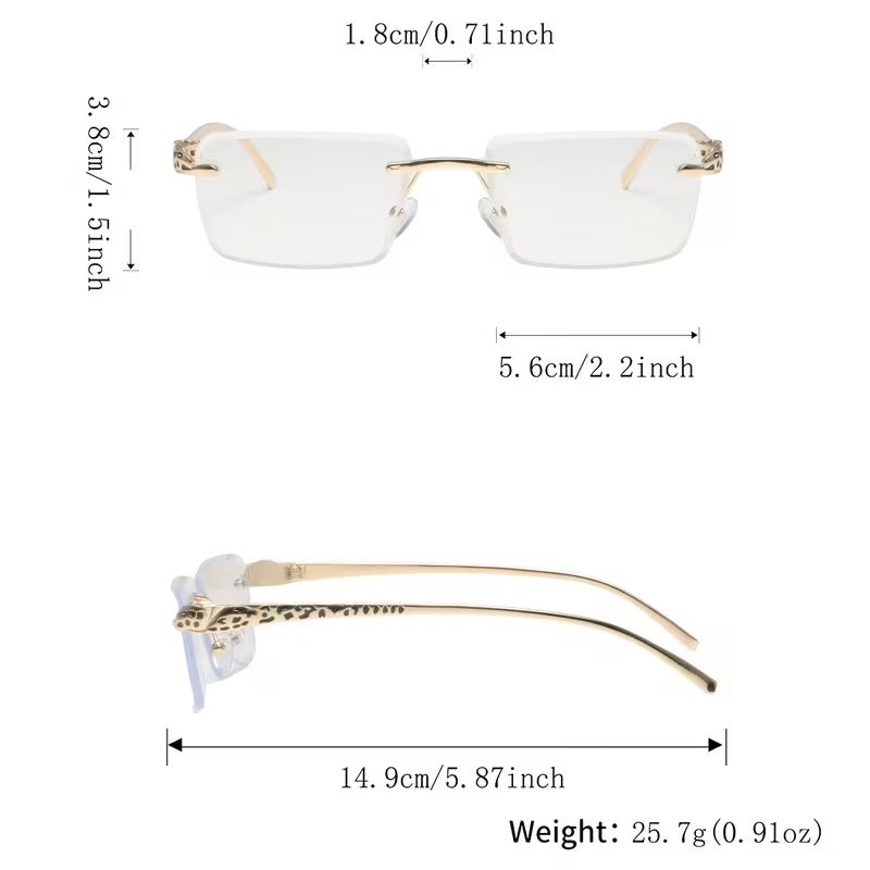 Luxury Rimless Clear Lens Glasses for Men and Women | Gold Leopard Print Eyewear