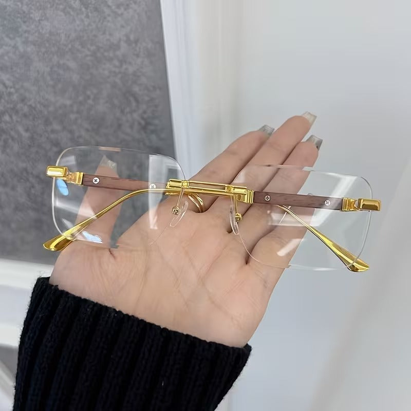 Premium Gold Metal Frame with Wooden Temples Square Eyeglasses for Men & Women