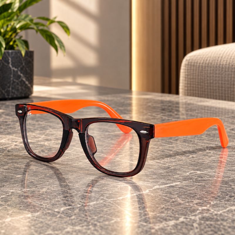 Premium Square Eyeglasses with Transparent Smoke Grey Frame & Neon Orange Temples