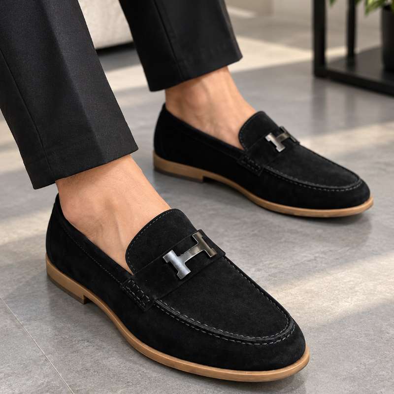 Premium Genuine Leather Slip-On Loafers for Men – H-Style Metal Detail, Handmade TPR Sole