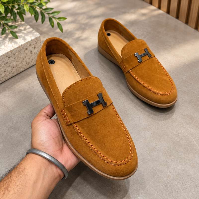 Premium Genuine Leather Slip-On Loafers for Men – H-Style Metal Detail, Handmade TPR Sole