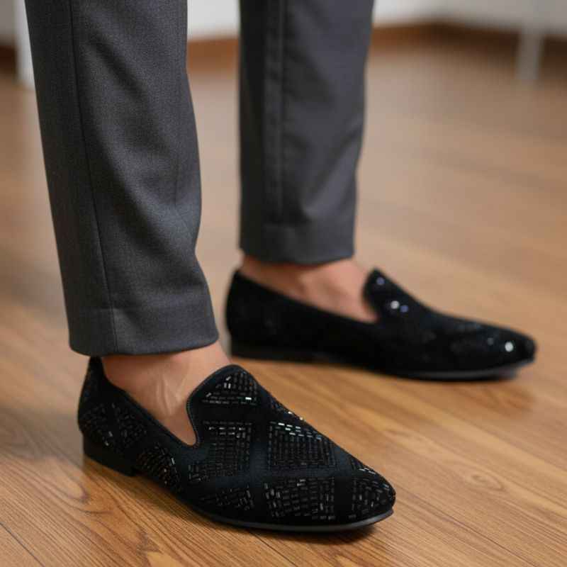 JonasParamount Premium Studded Mirror Work Black Loafers with Durable TPR Sole